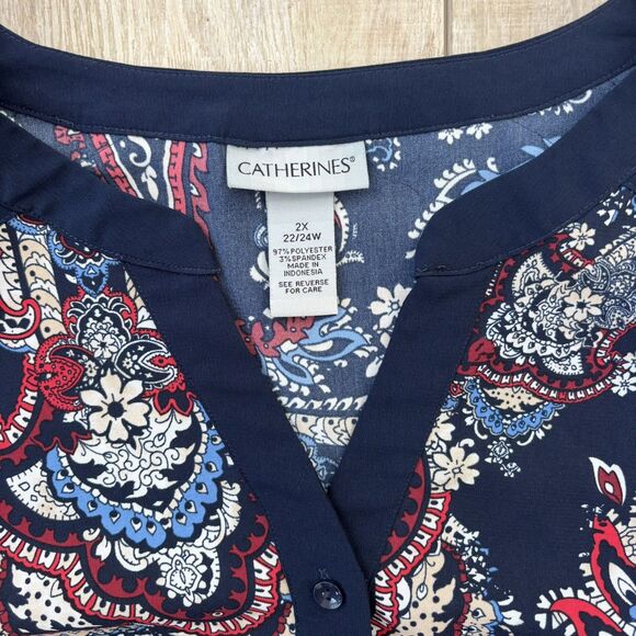 Catherines Blouse Womens 2X Paisley 3/4 Sleeve V-Neck Button Up Tunic Flowy Navy - Picture 4 of 12